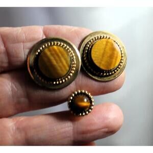 Vintage KREMENTZ Cuff Link and Tie Tac Set with Tiger Eye Stones